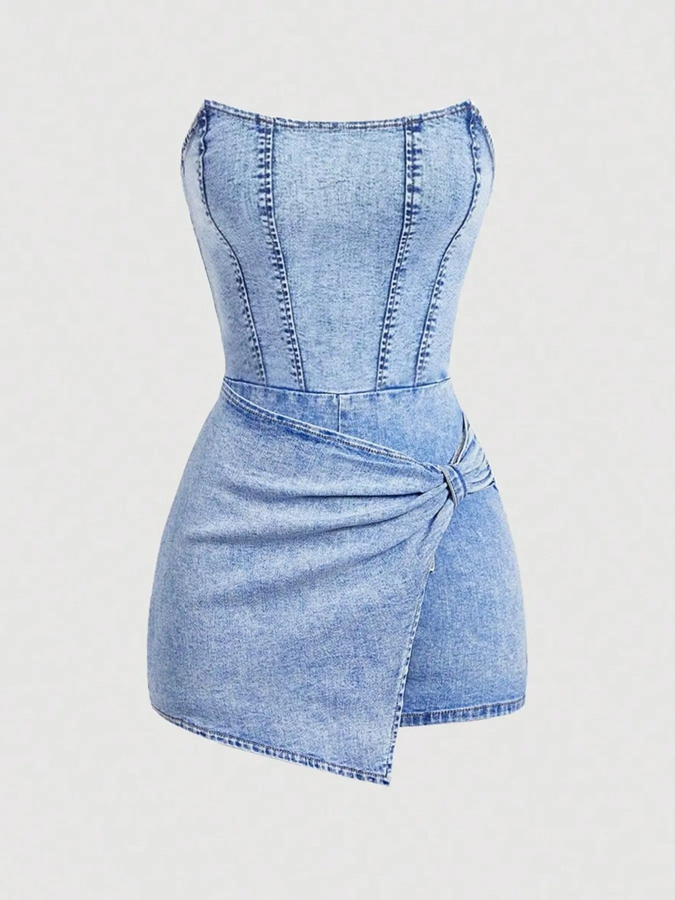 Women's Sexy Solid Color Strapless Short Denim Dress with Knot, Comfortable Design, Perfect for Everyday Casual Wear, Versatile