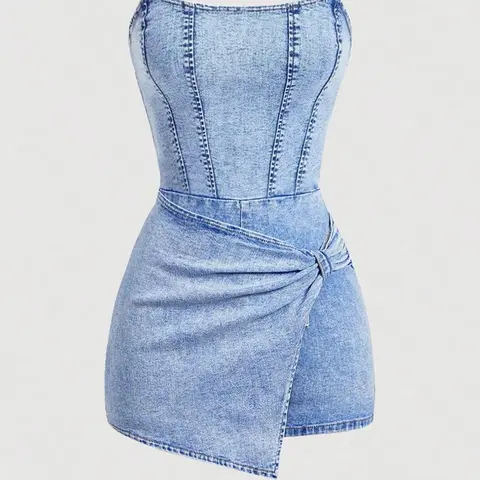 Y2K Bustier Denim Knot Dress for Women, Sexy Sleeveless Short Dress, High Elasticity, Summer Vacation Wear, Solid Pattern, Plain Surface