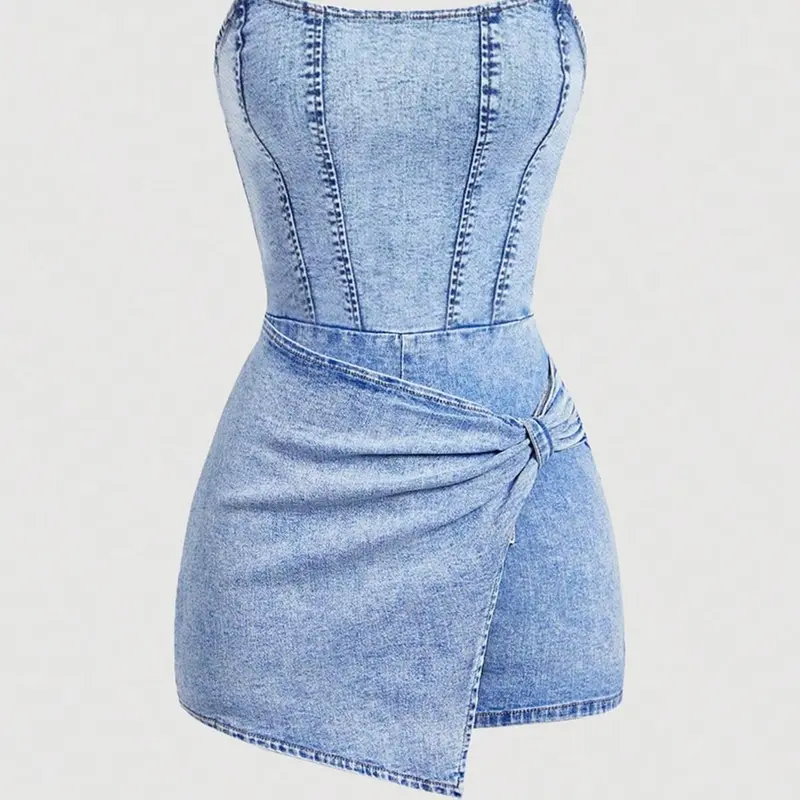 Y2K Bustier Denim Knot Dress for Women, Sexy Sleeveless Short Dress, High Elasticity, Summer Vacation Wear, Solid Pattern, Plain Surface