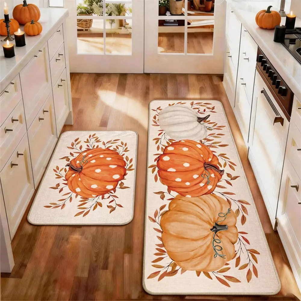 2pcs Thanksgiving Fall Kitchen Mat Gug Set with Pumpkin Maple leaves Pattern, Non-Slip Soft Low Profile,Floor Mat Set Farmhouse Kitchen Rug Dining Room Flooring Laundry Room Decor Carpet Mat, Decorative Rug Mat