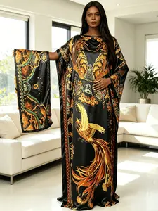 Women's Black Golden Phoenix Print Maxi Kaftan Dress with Matching Scarf 2 Piece Set, Silky Satin Loose Batwing Beach Cover Up, Plus Size Loungewear Nightgown Pajama for Resort Pool Home Sleepwear