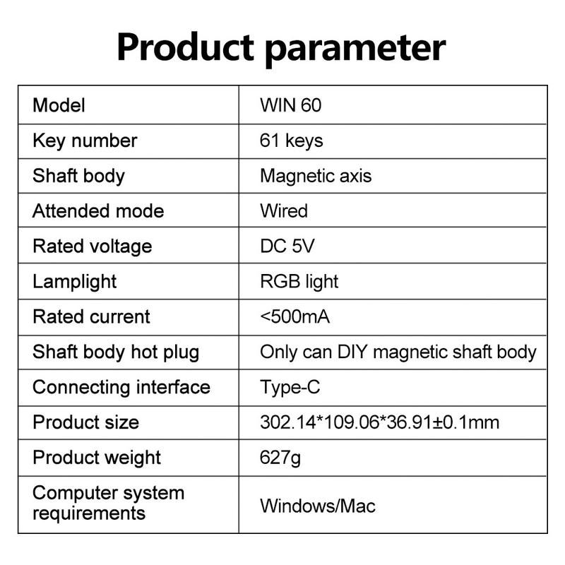 AULA Win60 HE wired game keyboard, 60% arrangement, 61-key portable mini layout, cool RGB lighting effect, sensitive magnetic axis, high-performance chip, compatible with Windows/AMC system, suitable for e-sports office, Gaming Keyboard, Backlit Keyboard