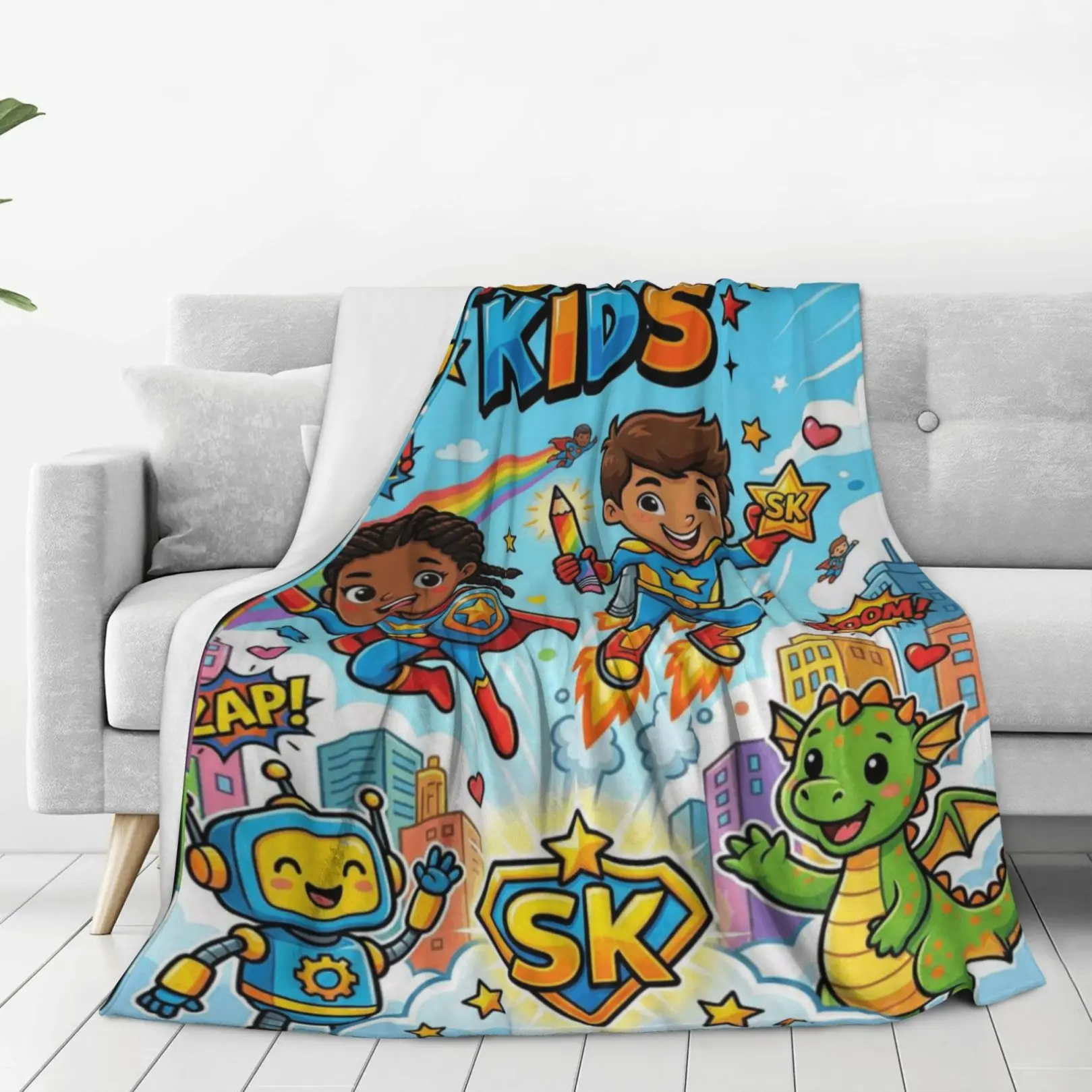 Super Kids Superhero Cartoon Flannel Blanket, Colorful City Robot Dinosaur Rainbow Comic Print Ultra Soft All Season Throw for Toddlers Boys Girls Bedroom Playroom, Perfect Birthday Christmas Easter Holiday Gift Kids Nursery Home Decor