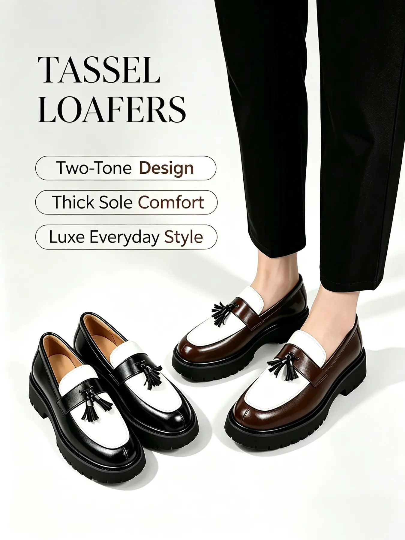 Men's Thick Sole Loafer Shoes, Colorblock Design, PU Upper, Rubber Sole, All Seasons, Casual Office Wear, British Style, Slip-On, Footwear