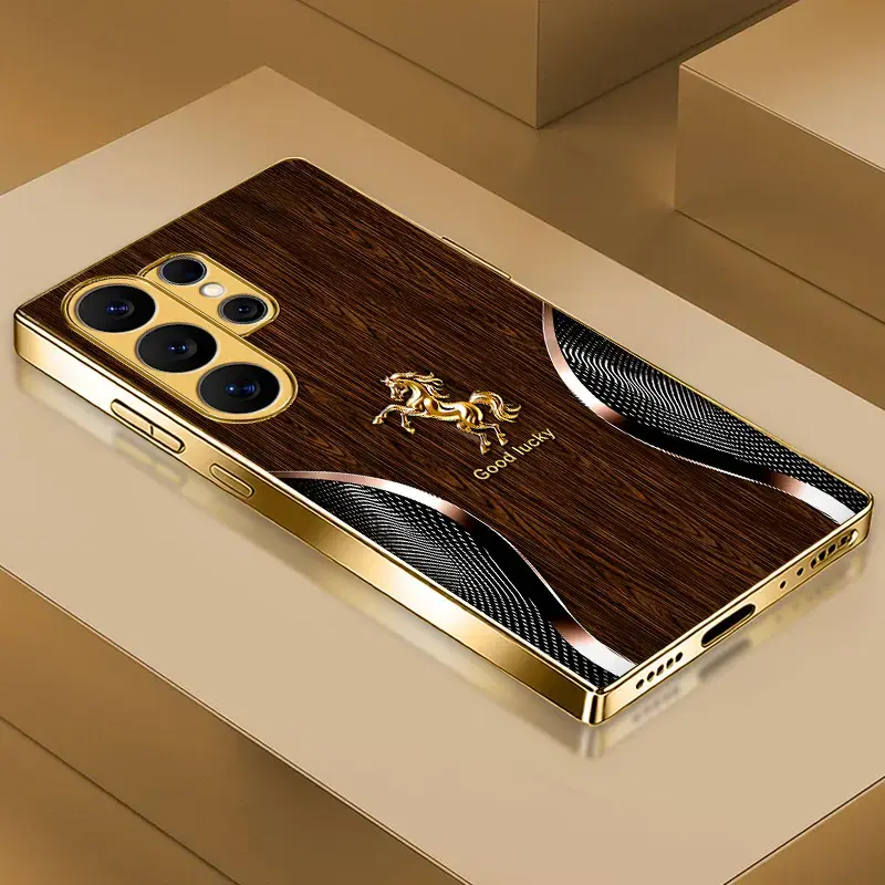 Phone Case - Wooden Background with Curved Golden Horse, Aesthetic High-End Personalized Pattern Plated Glass Phone Case for Samsung Galaxy S26/S25/S24/S23 A series and iPhone 17/16/15/14/13/12/11, Fashionable Aesthetic 995