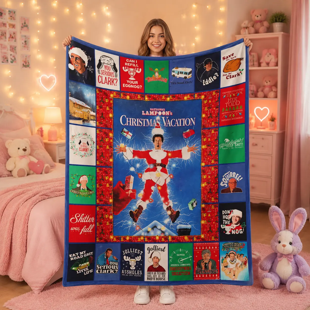 Christmas Themed Blanket, 1 Count Cartoon & Letter Pattern Soft Air-conditioned Room Throw, Warm Nap Blanket For Home Office Camping, Flannel Throw Blanket, Home Decor