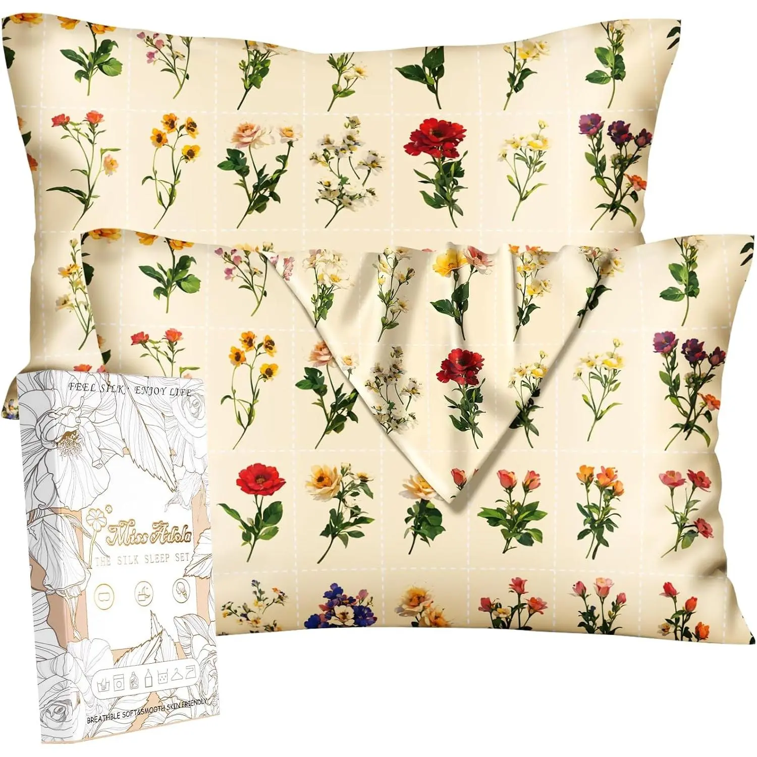 2 Pack Silk Pillowcases - Standard Size 20 x 26 Inch Pillow for Hair and Skin Soft Cooling Bed Sleeping Pillow Covers with Zipper for, Florets Variety