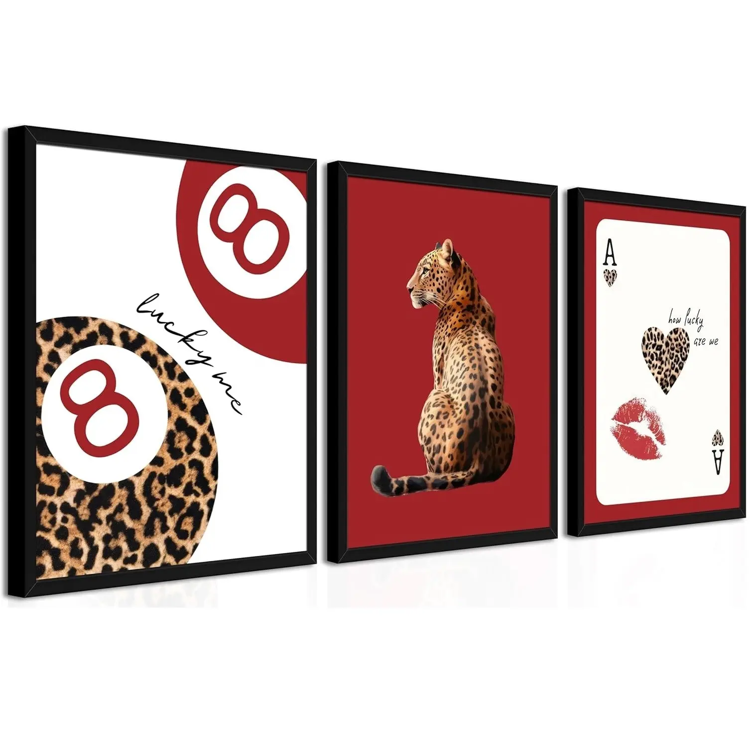 [2D Flat] 3Pcs Canvas Poster(Unframed Wall Art), Trendy Red Leopard Print Wall Art Set, 8 Ball, Leopard & Quote Prints, “Lucky Me”
