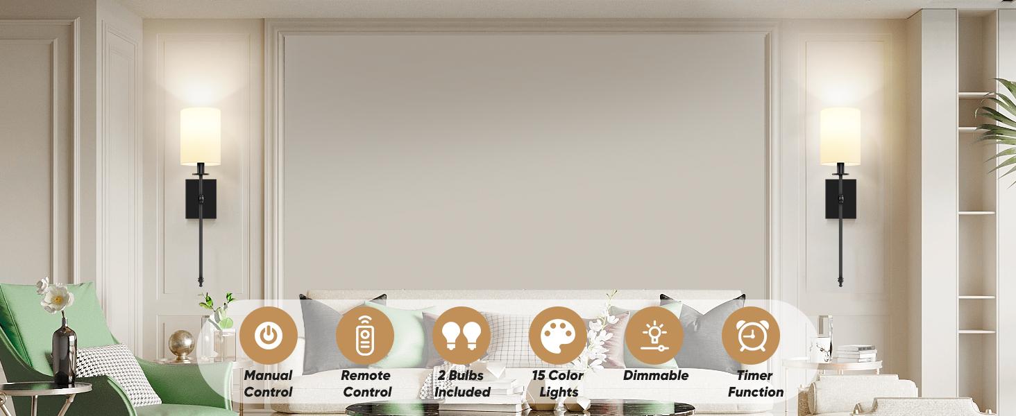 24.8in Rechargable Wall Sconces Set of 2 with Remote, Indoor Not Hardwired Dimmable Wall Lamps with White Fabric Shade, Rechargeable Wireless wall lights For Bedroom, 2 Bulbs Included