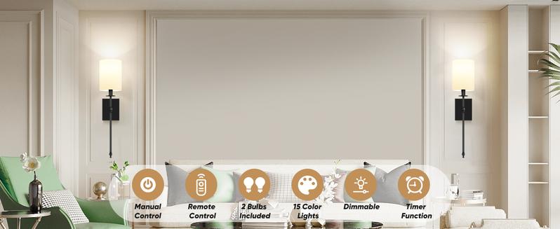 24.8in Rechargable Wall Sconces Set of 2 with Remote, Indoor Not Hardwired Dimmable Wall Lamps with White Fabric Shade, Rechargeable Wireless wall lights For Bedroom, 2 Bulbs Included