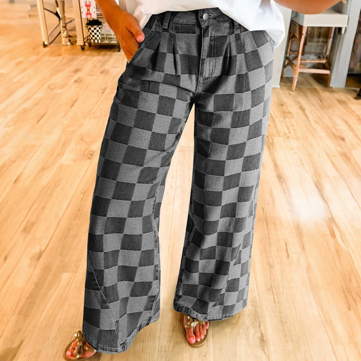 Women's Fashion Checkered Pleated Denim Wide Leg Jeans - Polyester, Baggy Oversized Style, Comfy Casual Everyday Bottoms, Comfortable, Cotton, Plaid, Lady, Pants
