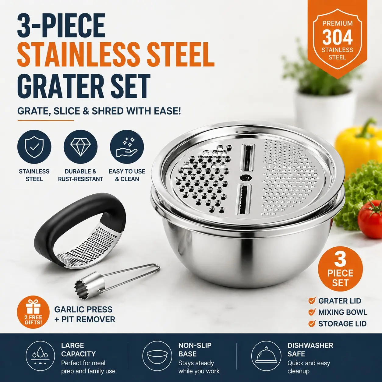 Stainless Steel 3-In-1 Multi-Functional Strainer Grater, Grater and Peeler, Kitchen Home Use, Dries and Shreds Vegetables Fruits, Essential Household Item
