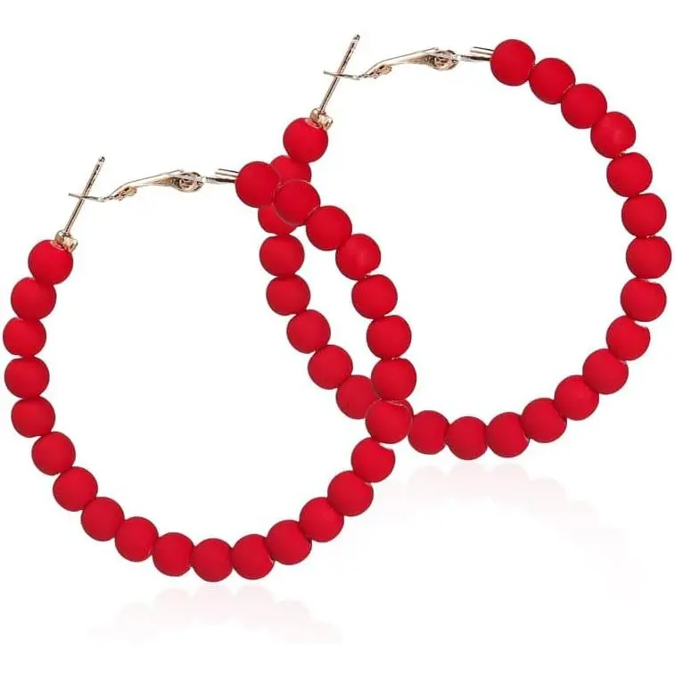 Women's Bohemian Synthetic Hoop Earrings - Colorful Geometric Beaded Matte Dangles, 1.37-in Lightweight Portable Serviceable Jewelry for Thanksgiving, Party, Birthday Gifts & Casual Outfits