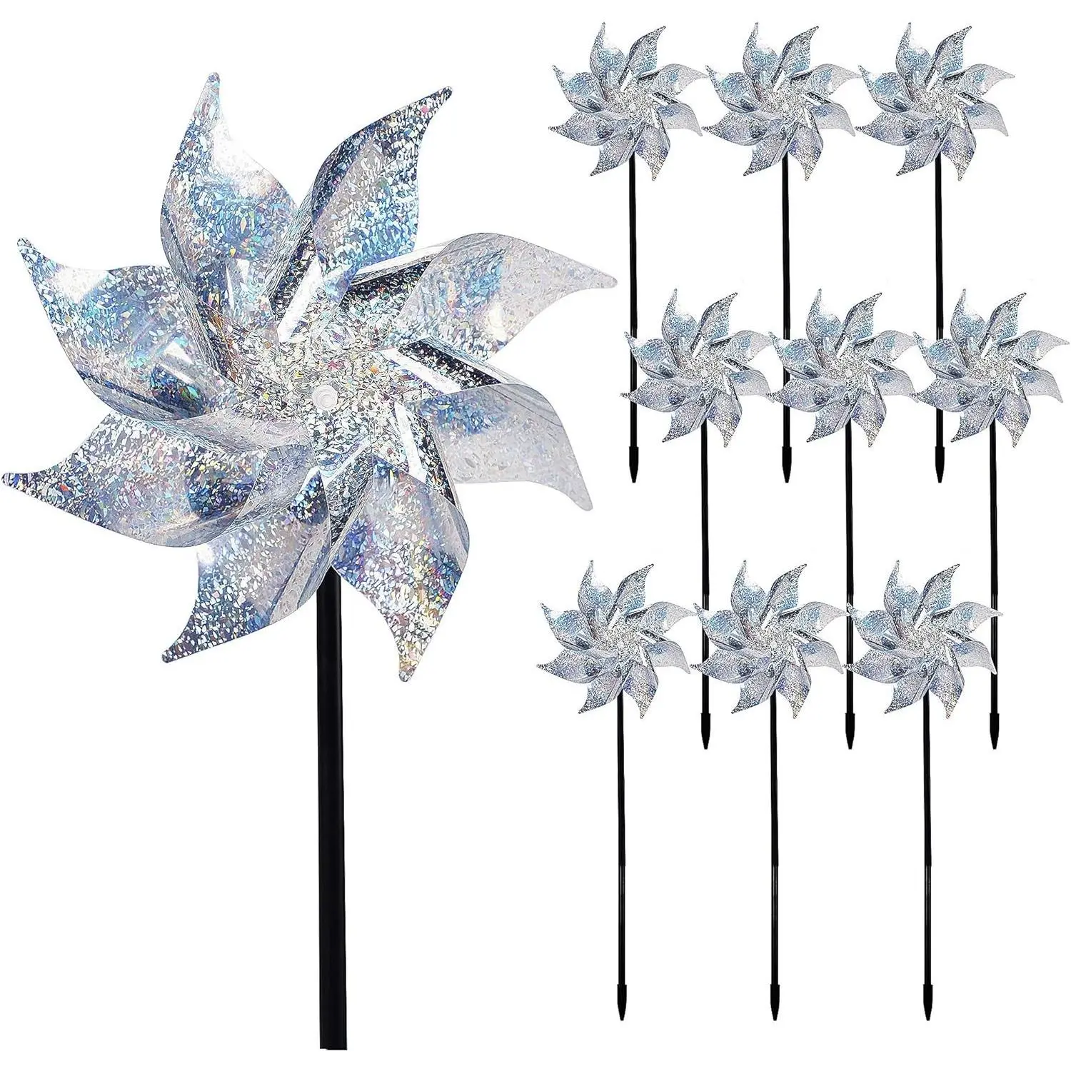 10 Pack Reflective Pinwheels with Stakes (Assembly Required), Extra Sparkly Pin Wheel for Garden Decor, Bird Repellent Devices Deterrent to Scare Birds Away from Yard Patio Farm