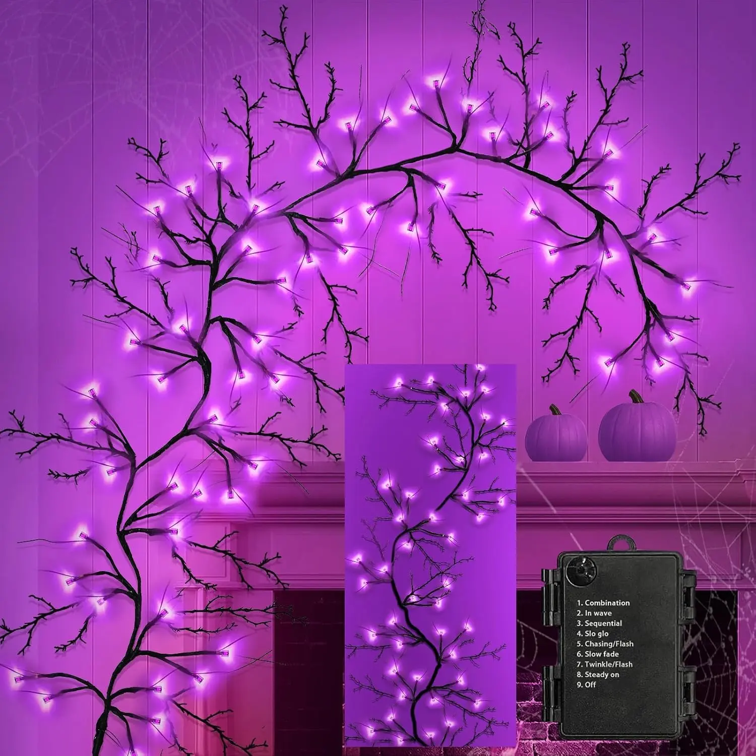 [8 Modes & Timer] 9 Ft Garland with 72 LED  Lights  Operated Indoor/Outdoor Halloween Decorations