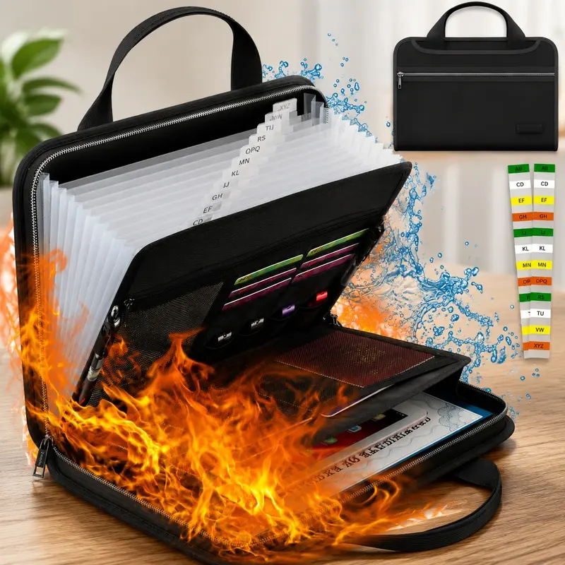 Fireproof & Moisture-Resistant Accordion File Organizer with 13 Expandable Pockets and Handle. Designed for A4 papers, bills, receipts and important documents, keeping files neat and easy to access.