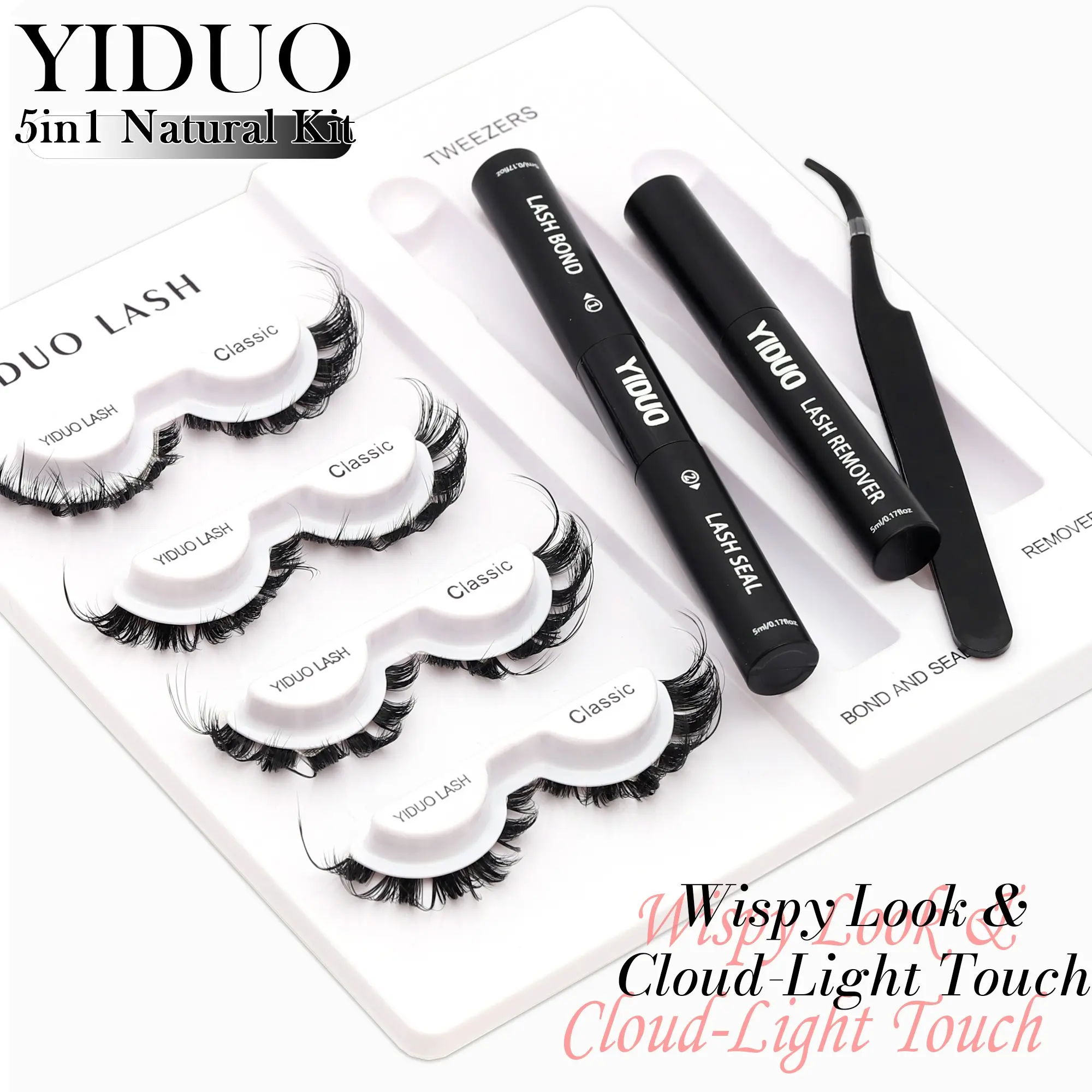 YIDUO  5-in-1 Fox Eye Lash Extension Kit - D Curly Wispy Lash Clusters with Fox Tail Design, Bond & Seal, Remover & Tweezers | Ultra-Thin Soft Band, Waterproof & 150H Long Lasting | Natural Look (4 Pairs)