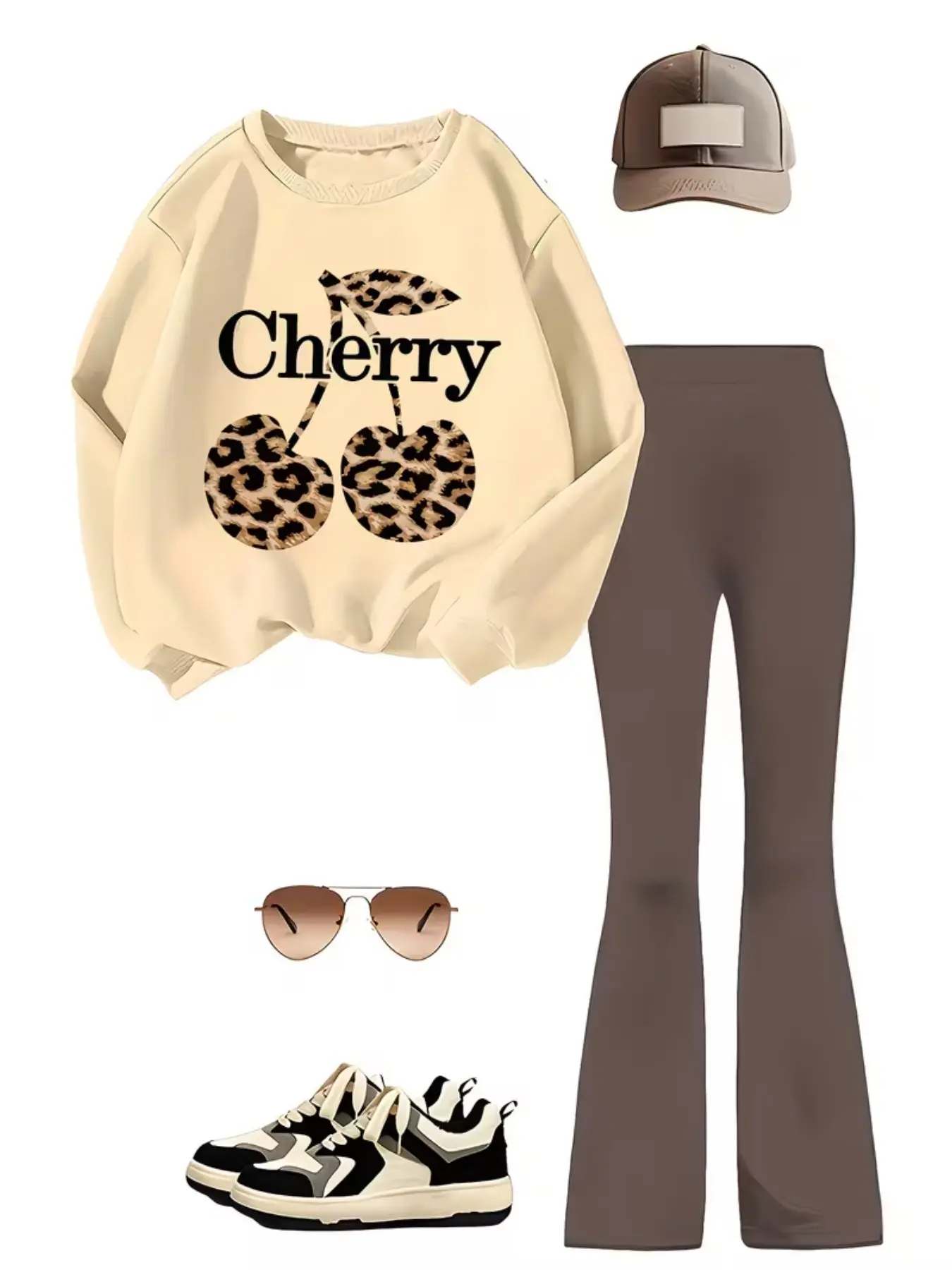 Girls' Cherry and Leopard Print Fashion Set, Comfortable Polyester Sweatshirt with Bell Pants, Fall Winter