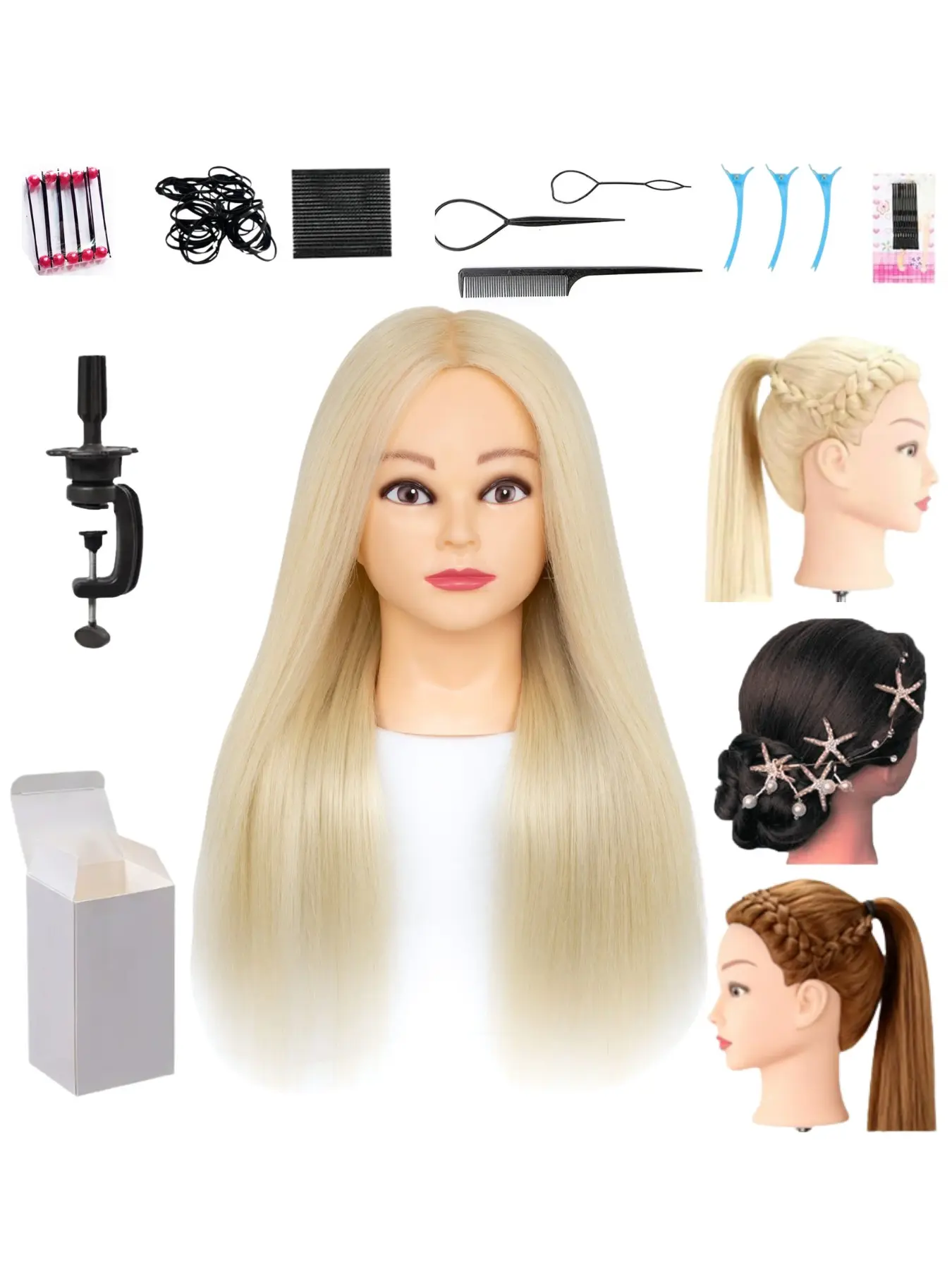 26‑28 Inch Light‑Skin Female Mannequin Head Synthetic Long Straight Hair Practice Manikin Head With Adjustable Clamp And Complete Hair Styling Kit For Cosmetology Learners And Hair Styling Enthusiasts