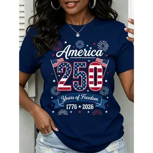 1 piece of plus-size women's summer clothing, USA 250th Independence Day printed short-sleeve T-shirt, patriotic commemorative top, USA flag, fireworks # SummerWins # DealsForYouDays