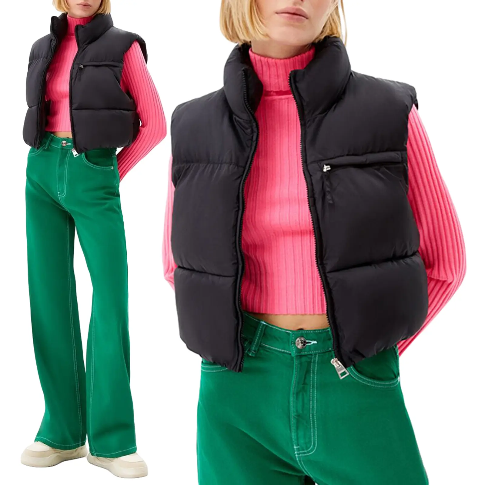 Women Cropped Puffer Vest Warm Solid Color Lightweight Sleeveless Zipper Down Jacket for Winter Outwear Streetwear