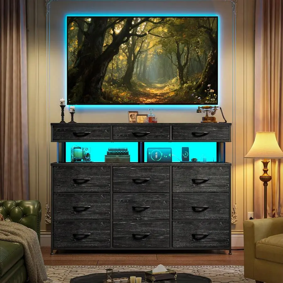 Modern 12-Drawer Fabric Storage Dresser with Charging Station, Customizable LED Lighting, 10MM Acrylic Sheet, Wood Top, Metal Frame, Wall Plug, Adjustable Indoor Storage Cabinet for Bedroom, Closet, Assembly Required, Built-In Charging Station