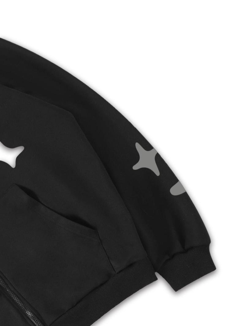 Men's Colorblock Star & Slogan Graphic Print Zip Up Sweatshirt & Drawstring Waist Sweatpants Set, Regular Fit Casual Streetwear Long Sleeve Hooded Sweatshirt & Pocket Flare Leg Pants, Men's Two-piece Outfits for Daily Wear, Sets for Men Clothing