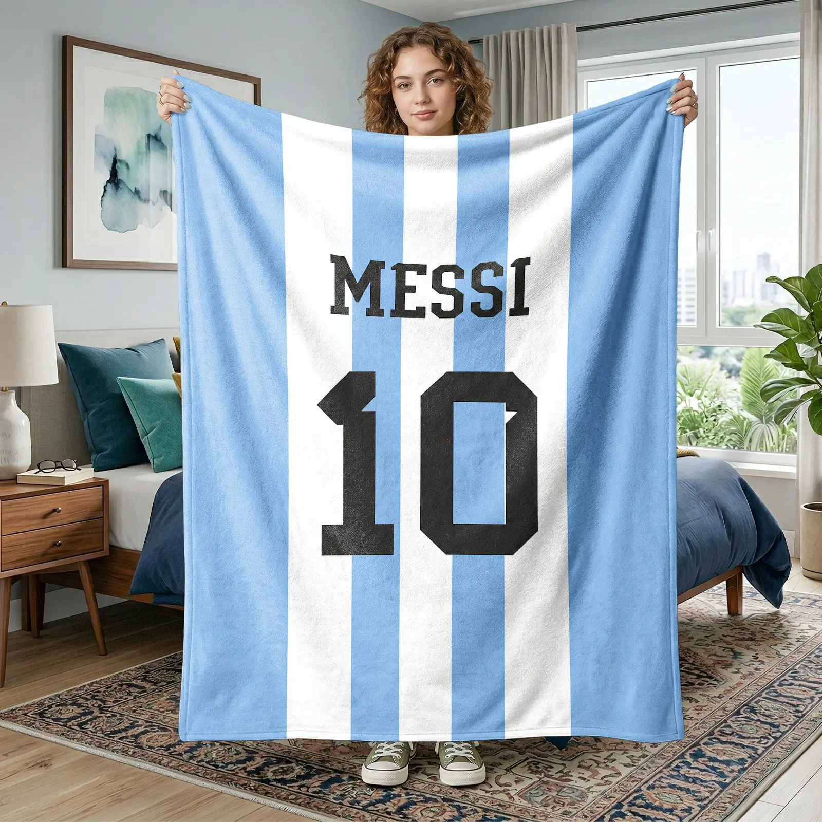 1pc Messi No.10 Argentina Stripe Fleece Blanket, Light Blue White Vertical Stripe Black Name Number Jersey Print. Soft Warm Throw for Sofa, Bed, Office, Game Room, Camping Trip, Ideal Christmas & Birthday Gift.