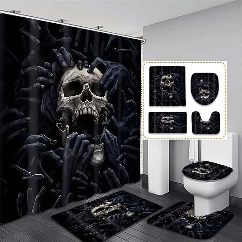 4pcs Fun Skull Bathroom Set, Funny Modern Shower Curtain with 12 Hooks, Bath Mat, Home Decor, Perfect Gift for Friends and Family