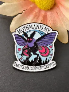 Funny "Mothman Is My Emotional Support Cryptid" Enamel Pin, Purple Mothman Forest Night Scene Lapel Brooch, Gothic Badge for Jackets Backpacks, Fun Gift for Cryptid Lovers and Dark Aesthetic Fans