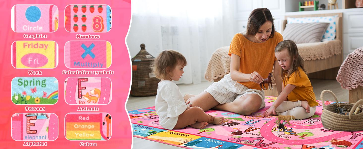 Kids Rug for Playroom, Educational Classroom Rug for Kids Room, Washable Nursery Rugs Non Slip Playroom Rugs Play Mat for Learning ABC Carpet, Numbers, Animal, Colors, Season, 3X5 Feet, Pink