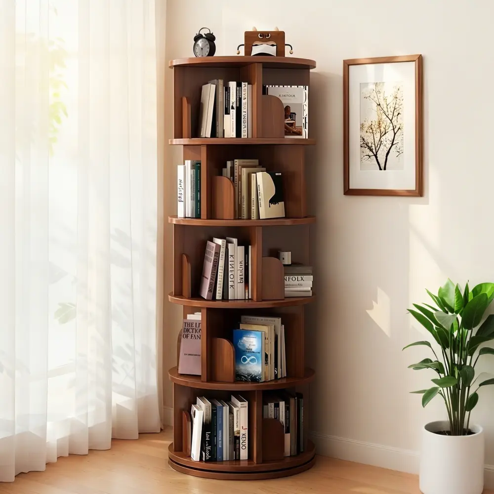 Littleox 5 Tier Rotating Bookshelf, 360° Display Round Spinning Bookshelf, Space-Saving, Small Space Rotating Bookshelf Tower for Bedroom, Living Room, Home, Office, Walnut