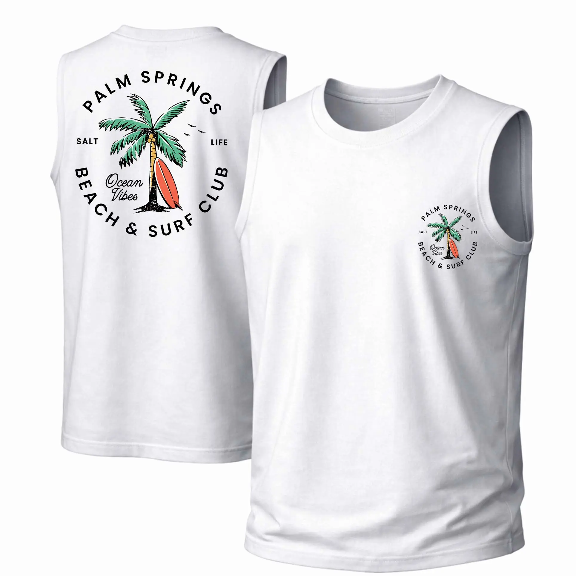 Men's Cotton Sleeveless Tank Top - Palm Springs Beach & Surf Club Hawaii Printed Style. This Is A Casual Item Suitable For Both Men And Women, Especially Perfect For Spring And Summer; The Cool Print And Classic Crew Neck Cut