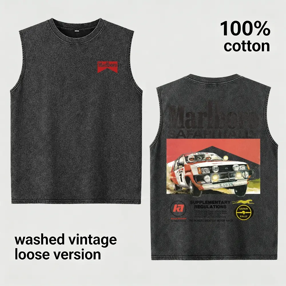 Vintage Washed Black Sleeveless Tee Mens Rally Car Print Tank Top 100% Pure Cotton Safari Rally Racing Graphic Casual Gym Singlet