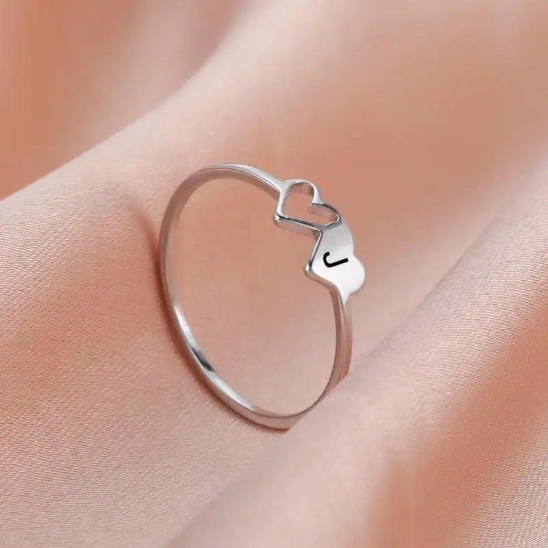 Silver Heart Initial Ring Personalized Alphabet Letter Ring Minimalist Delicate Open Hearts Stackable Promise Jewelry Gift for Women Girls