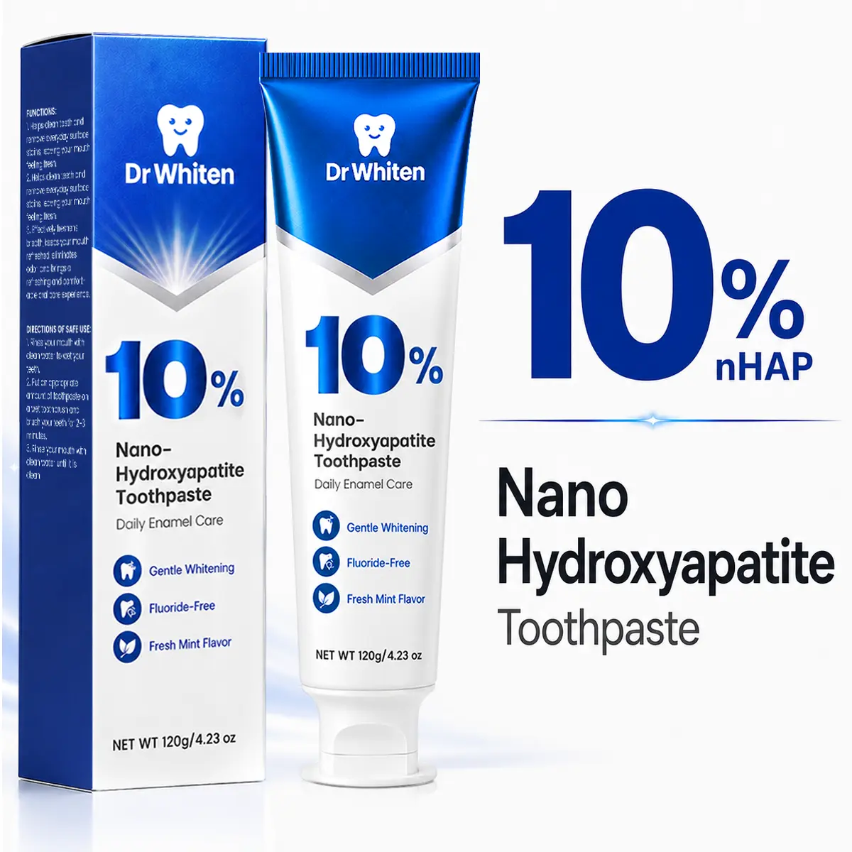 DrWhiten 10% Nano-Hydroxyapatite Toothpaste | Fluoride-Free Enamel Care Formula | Gentle Cleaning and Whitening for Sensitive Teeth | Fresh Mint Flavor for Fresh Breath | 4.23 oz