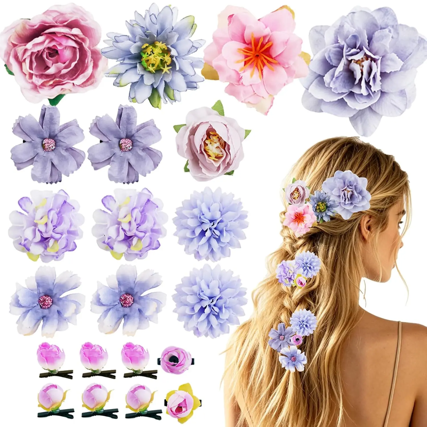 21 count Silk Rose Flower Hair Clips, Bridal Wedding Corsage Hair Accessories, Boho Beach Party Hair Clips for Women, Flower Headdress Decorations()