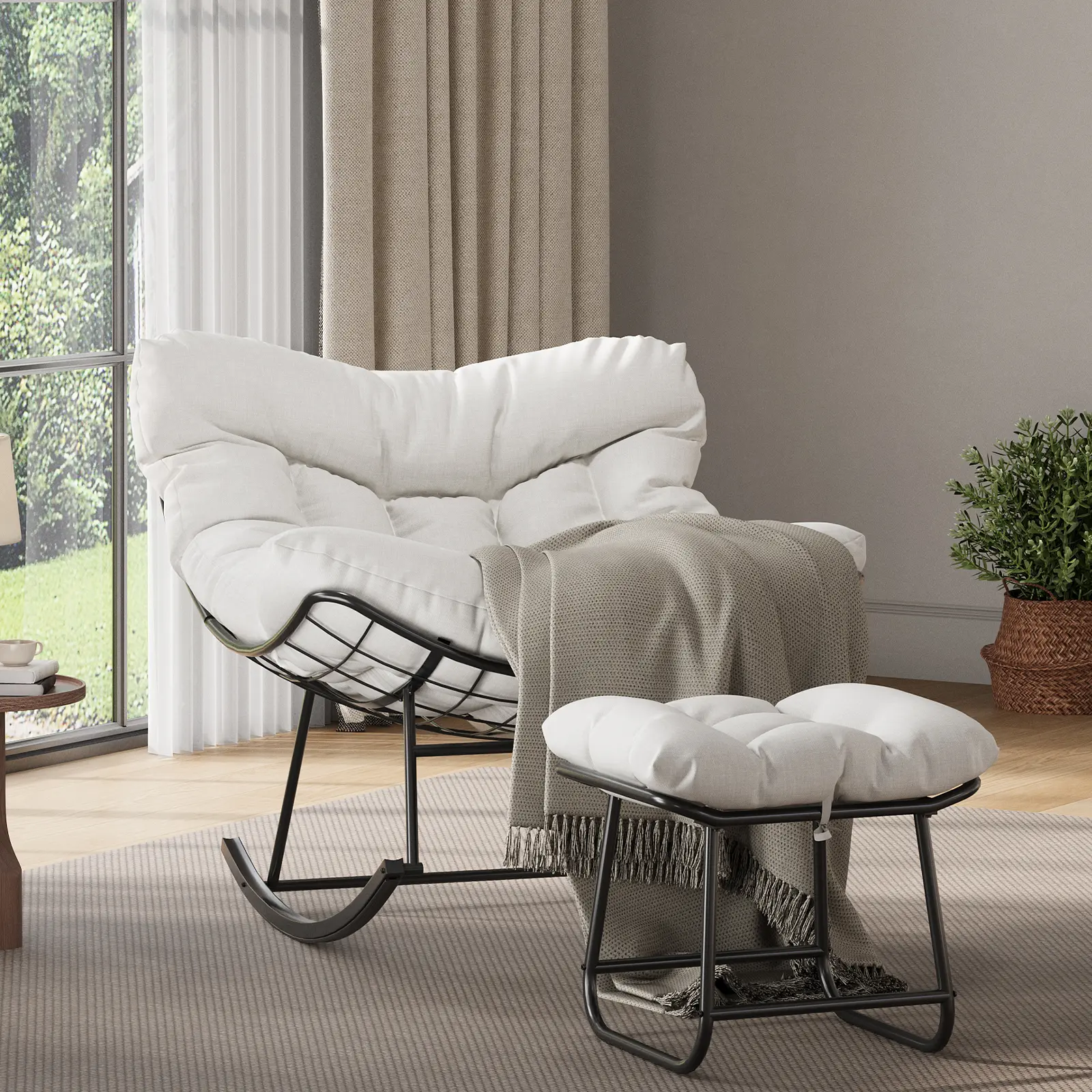Garvee Oversized Outdoor Papasan Egg Rocking Chair with Ottoman – Heavy Duty Steel Frame, UV-Resistant PE Wicker, 5" Thick Cushion, 350 lbs Capacity, Modern Patio Chair for Garden, Balcony, Porch, Indoor Use