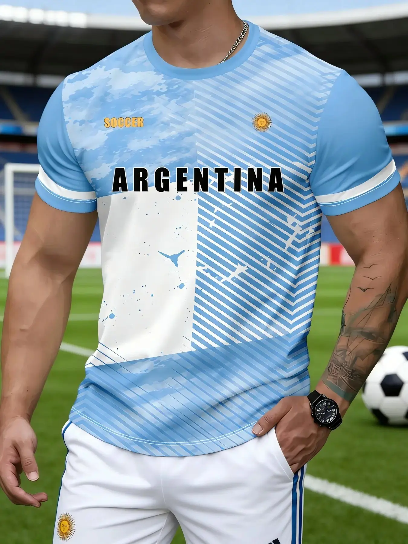 Men's Argentine Light Blue Striped Sporty Short Sleeve T-Shirt, Sun Print Round Neck Breathable Summer Top, Casual Athletic Wear