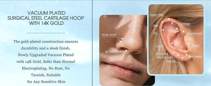 Jstyle 8 Pcs 16G 316L Surgical Steel Nose Rings Hoops Septum Rings Lip Rings Hypoallergenic Nose Clicker Ring Tragus Helix Cartilage Daith Rook Sleeper Earring Body Piercing Jewerly for Women Men