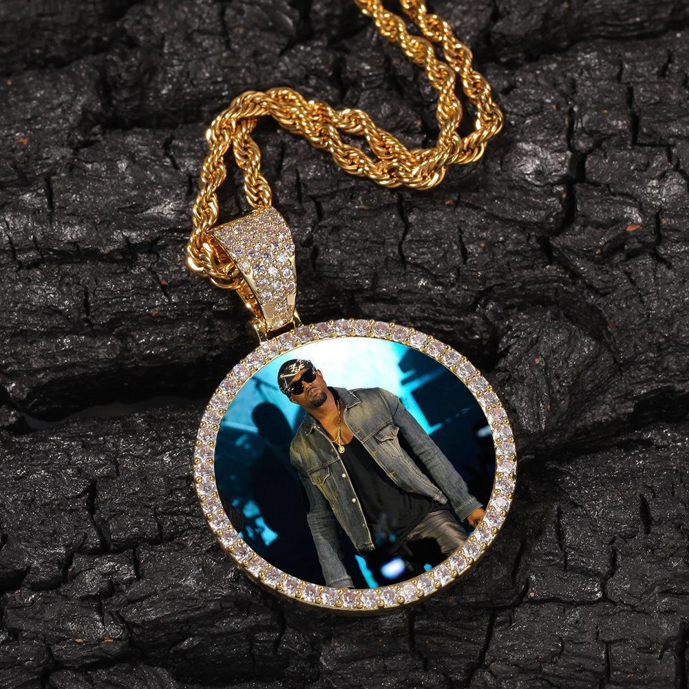 [ICE HUE]18K Gold Vacuum Plated Copper with 5A+ Sri Lanka Zircon Personalized DIY Custom Memory Round Colorful Photo Design Pendant With Necklace Miami Italy Mexico & Micro Inspired for Women & Men Luxury Jewelry,Daily Wear,Fashion,Gift,Chicano,Hip Hop