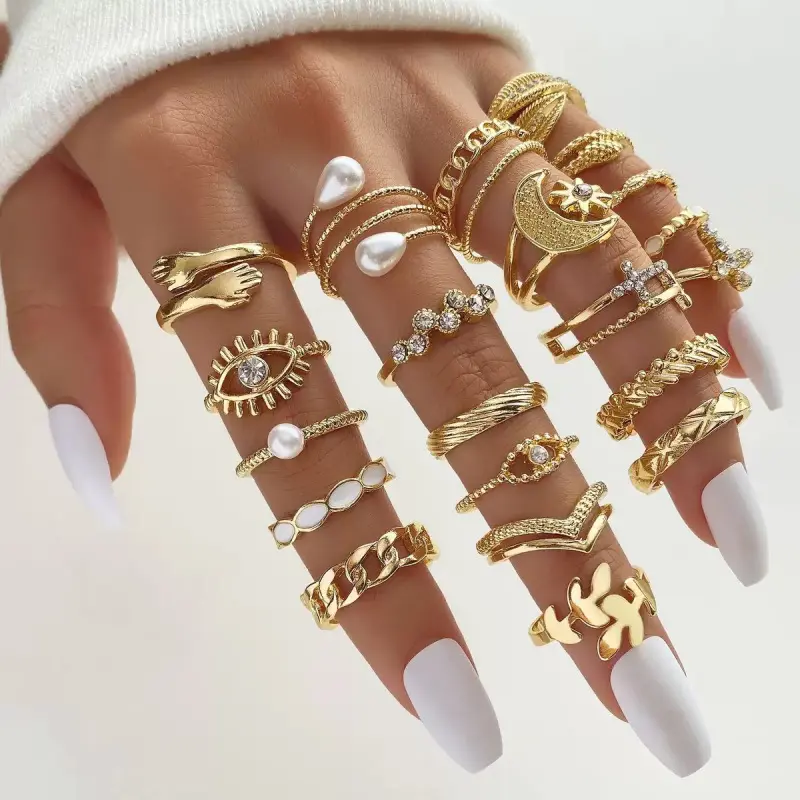 Women's 23-Pcs Vintage Stackable Ring Set - Adjustable Mixed-Design Bands with Embrace, Evil-Eye, Moon-Sun, Geometric Motifs, Cubic-Zirconia Inlaid Costume Jewelry for Festivals, Holidays