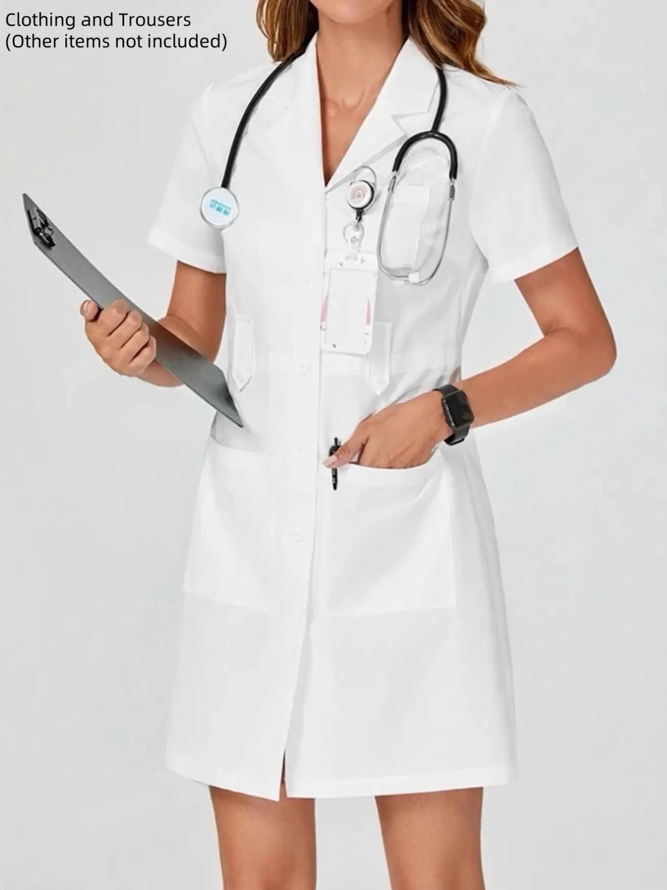 Women's Lapel Short Sleeve Nurse Dress, Front Button Medical Workwear, Adjustable Waist Clinic Beauty Salon Uniform
