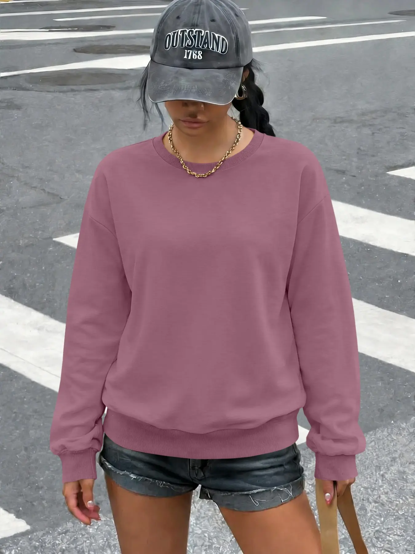 Women's Spring Fall Thin Round Neck Solid Long Sleeve Pullover Sweatshirt, Casual Fitted H-Type, Suitable for Daily Wear