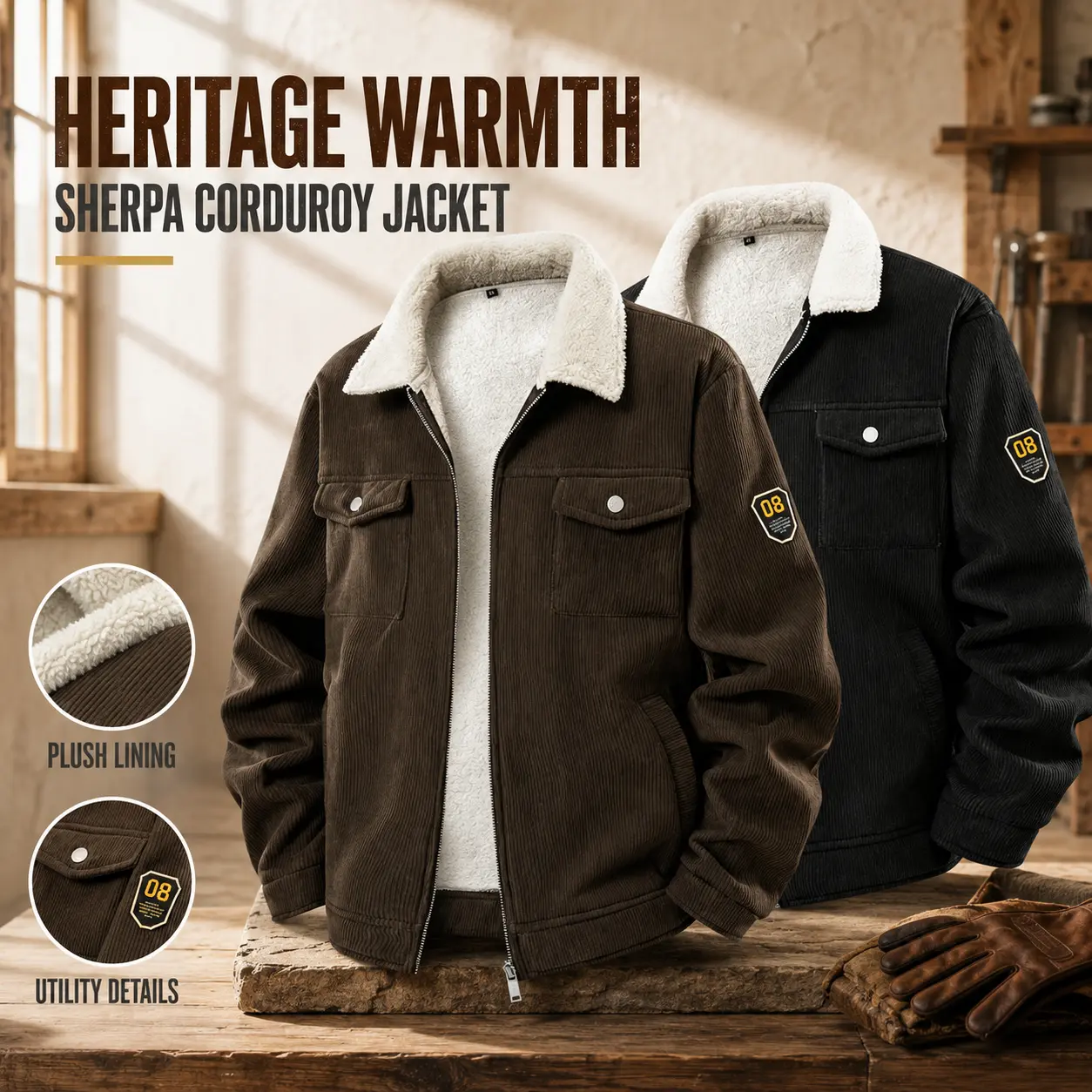 Men's Fleece Lined Corduroy Jacket with Sherpa Collar Warm Winter Casual Coat