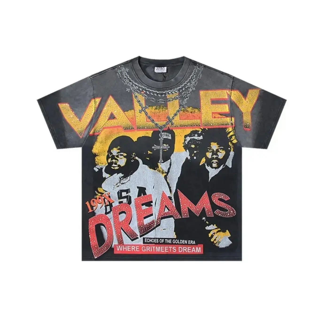 VALLEY DREAMS Rhinestone Graphic Tee, Vintage Washed Heavyweight Cotton Top, Y2K Hip Hop Streetwear, Retro Music Festival Style Oversized Unisex Summer Fashion