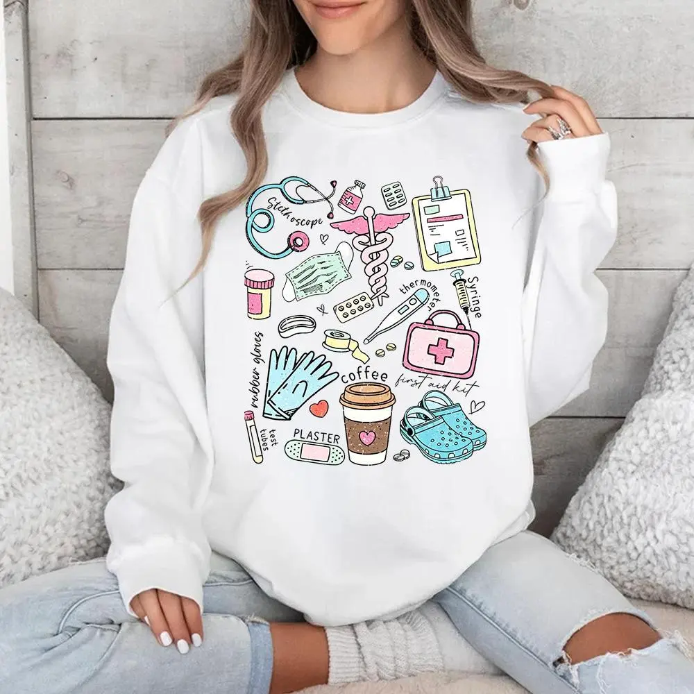 Women's Light Polyester Pastel Medical Doodle Sweatshirt - Baggy Fleece Crewneck Pullover, Smooth Essential for Nurses, Navy Option for Everyday Style, Print