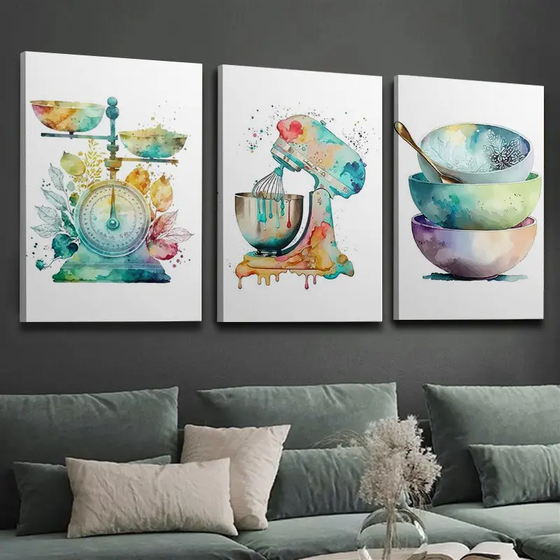 3-piece wooden framed canvas print decorative painting, colorful illustrations of cooking and baking equipment, watercolor kitchen prints, interior home wall art decoration
