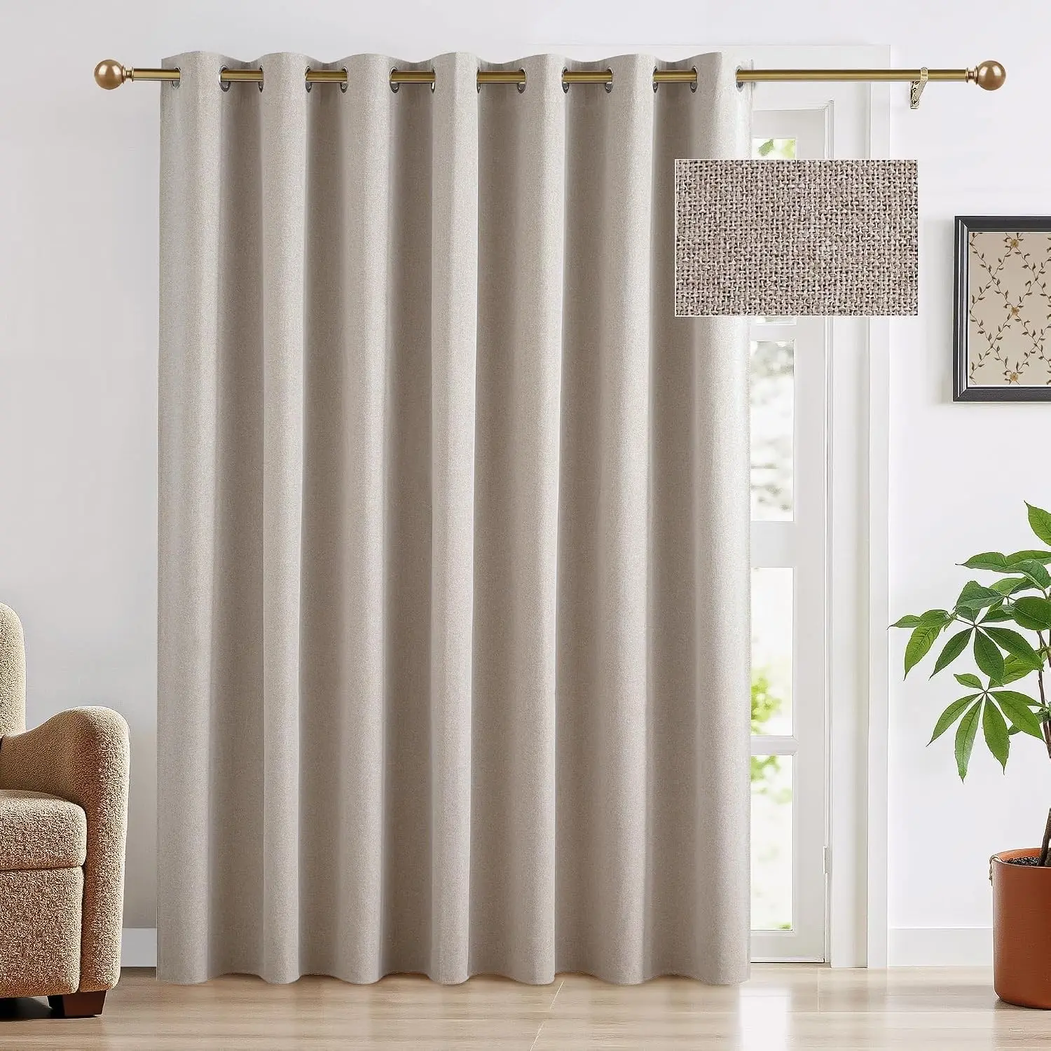 100% Blackout Linen Curtain for Sliding Glass Doors, Extra Wide Thermal Insulated Privacy Curtains for Bedroom/Patio Door/Living Room/Open Closet, Room Divider, Linen, W100xL84, 1 PanelGift.