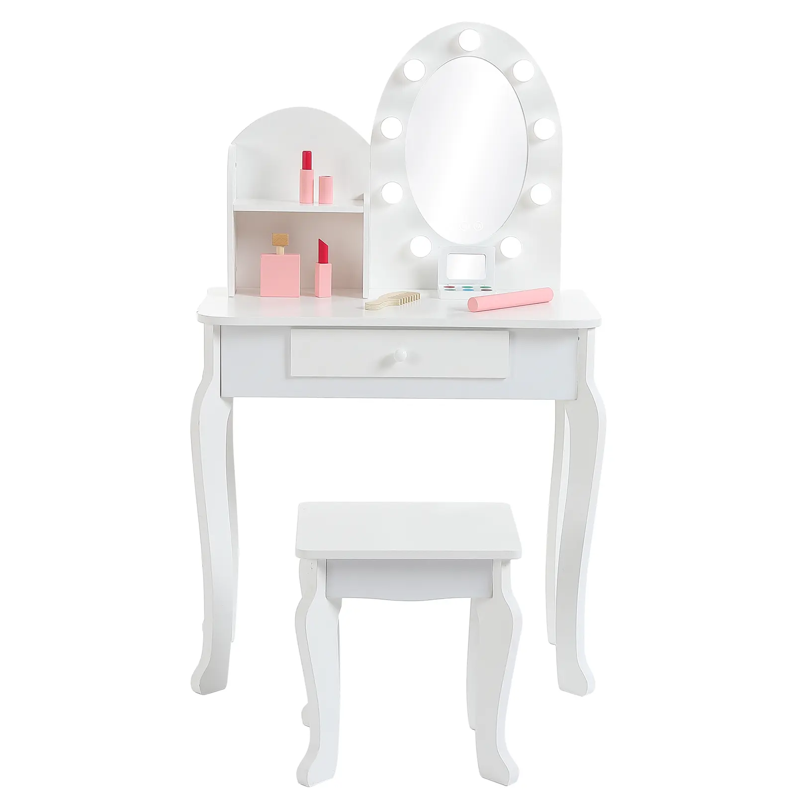 【GAOMON】Kids Wooden Vanity Table & Stool Set with Lighted Mirror, Girls Dressing Table with Large Storage Drawer & Display Shelf, Pretend Play Makeup Furniture Gift for Girls Ages 3-9, Bedroom & Playroom